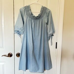 MPH Collection Light Denim Dress, 100% Cotton, Bow-Sleeves, Off The Shoulder, S